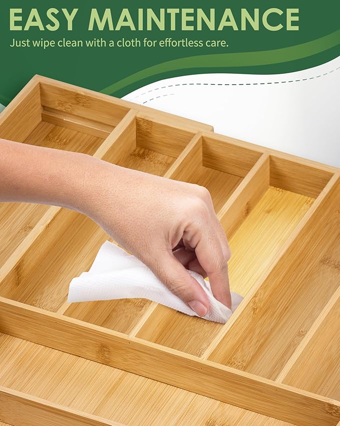 Premium Bamboo Expandable Drawer Organizer, 7-9 Slots Adjustable Kitchen Drawer Organizer for Large Cooking Utensils Cutlery, Kitchen Drawer Organization