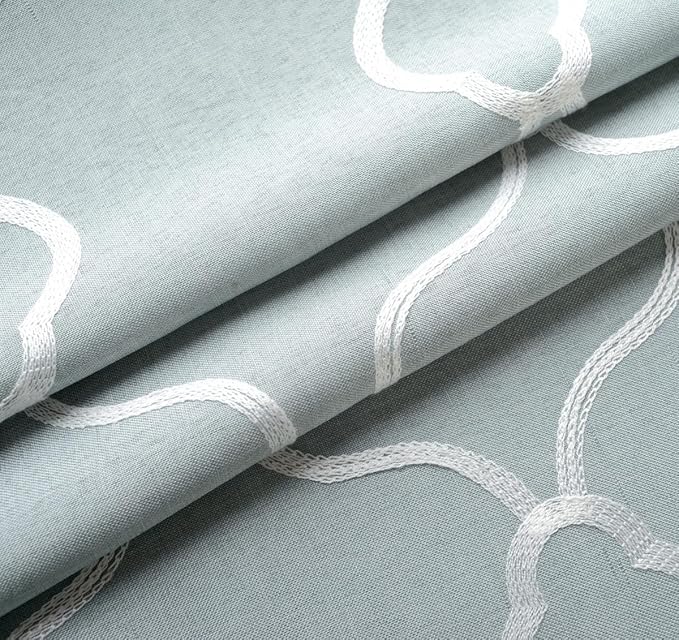 MIUCO Moroccan Embroidered Semi-Sheer Curtains Faux Linen Grommet Window Panel Pair for Nursery 52 x 63 Inch, Sea Foam