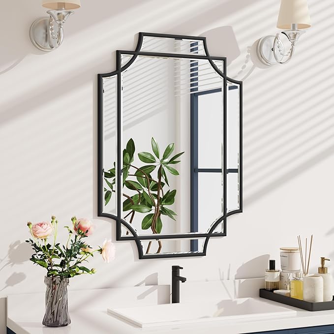 Bathroom Mirror for Wall Black Farmhouse Wall Vanity Mirror for Over Sink Wood Framed Beveled Mirrors Deco(20 * 28IN/Black)