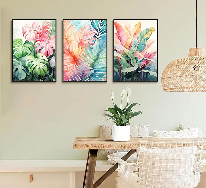 3pcs Tropical Botanical Canvas Wall Art Monstera Leaves Posters Botanical Prints Bohemian style Wall Decor Pictures Palm Leaves Paintings for Bathroom living room Decoration Unframed