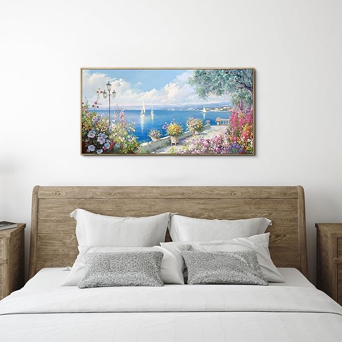 XLSJERST Blue Coastal Wall Art - Ocean Seascape Canvas Yellow Green Flowers Painting Landscape Sailboat Picture Artwork Modern Large Framed for Living Room Bedroom Home Office Decor 20"x40"