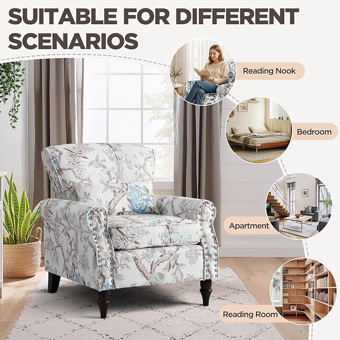 Wingback Accent Chair with Removable Pillow, High Back Floral Armchair with Solid Wood Legs & Nailhead Trim, Comfy Upholstered Reading Single Sofa Chair for Bedroom (2, Bird Floral Pattern)