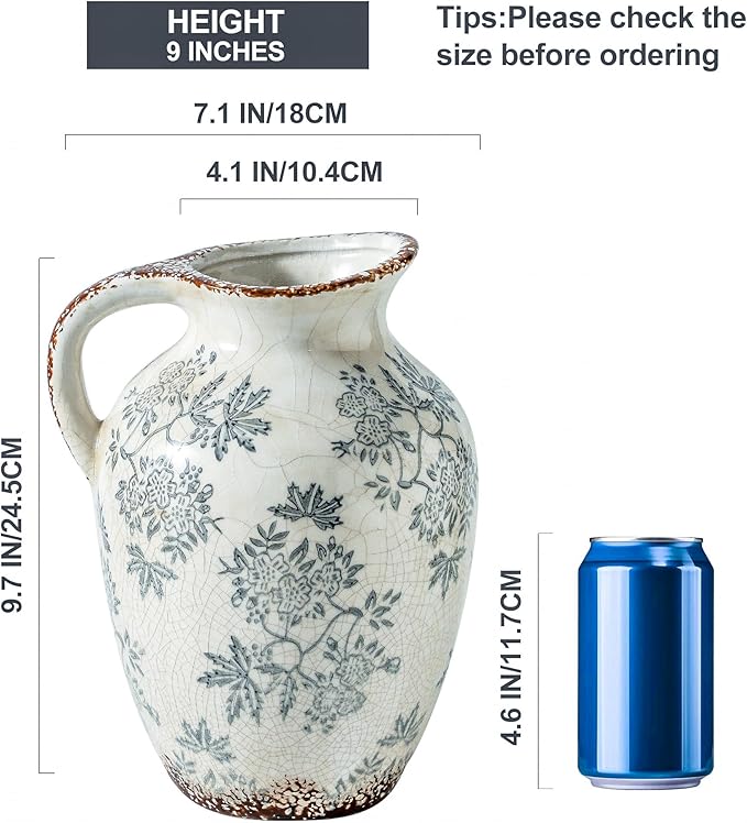 Enra Vintage vase with Handle,Blue and White Ceramic Decorative Flower vase, Chinoiserie Floral Vase,Large Rustic Vases for Home Decors, Living Room, Bookshelf, Office,9.7 inch