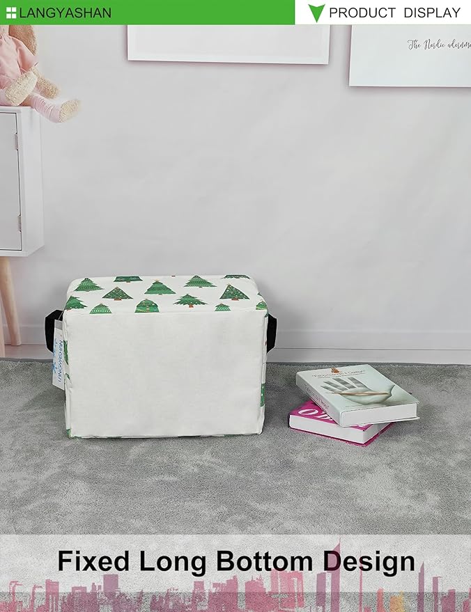 LANGYASHAN Rectangular Storage Bin Collapse Canvas Fabric Cartoon Storage Basket with Handles for Organizing Home Kitchen Boys and Girls Toys Office Closet Shelf Baskets (Rec christmas tree)