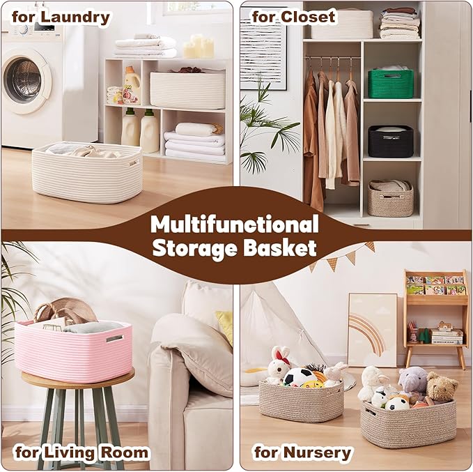 OIAHOMY Storage Basket for Shelves, Closet Cube Storage Bins Baskets for Clothes Blanket Towels, Baby Nursery, Toy Baskets Box, Woven Rope Basket, 17.72*12.99*7.87 IN, 2 Packs White