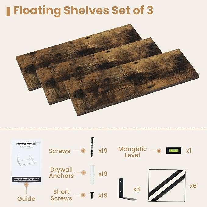 Heimlove 24 Inches Rustic Brown Floating Shelves,8 Inches Deep Wall Bookshelf Mounted Display&Storage Wood Wall Shelves for Kitchen Bathroom Laundry Living Room,Set of 3