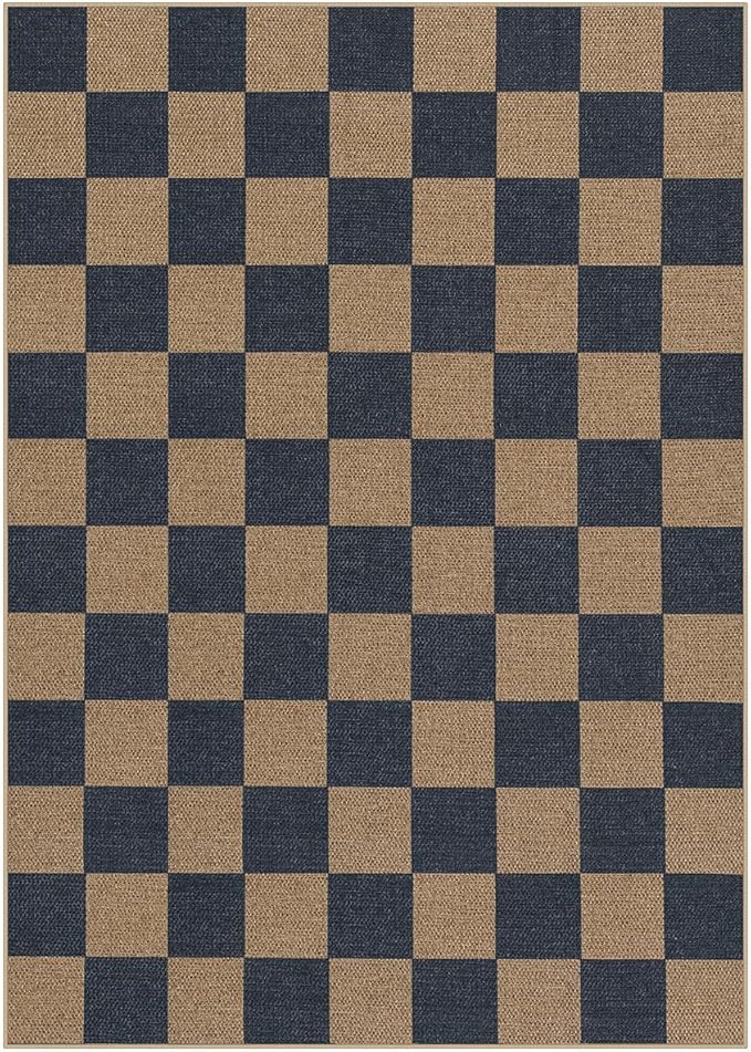 Lahome Checkered Easy Jute Living Room Rugs, 5x7 Dining Room Office Rug Farmhouse Outdoor Patio Carpet, Checkerboard Washable Non Slip Indoor Outdoor Blue Carpet for Backyard Entry Deck