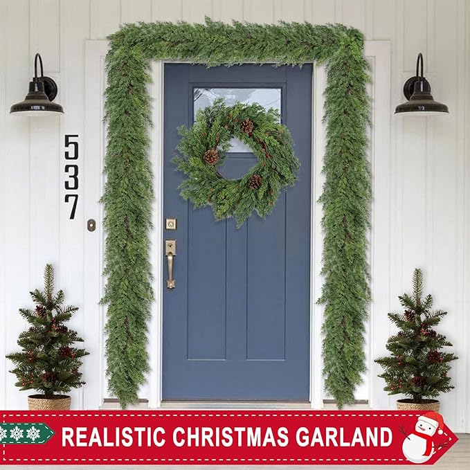 6 Ft Real Touch Christmas Garland,Thick and Lush,Soft Bendable, Lifelike Cedar Garland Realistic, Garlands for Decoration Christmas,Christmas Garland for Mantle,Outdoor Indoor Christmas Decorations