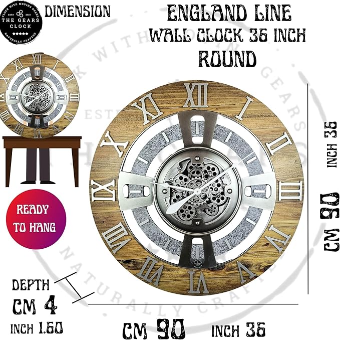 The Gears Clock Real Moving Gear Wall Clock England Line (Red Lava, 36 inches (90 cm))