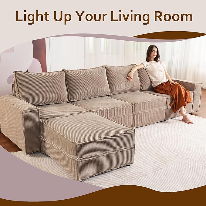 HOOOWOOO Modular Sectional Sofa Couch,Matching Free Combination Cloud Couch Armless Chair(Camel Corduroy)