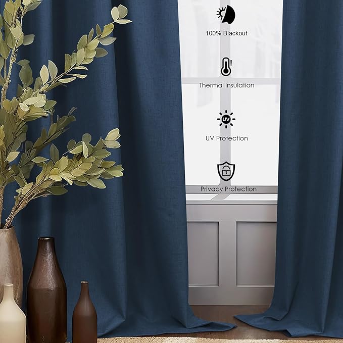 Navy Blue Curtains 102 Inches Long for Livingroom 2 Panels 100% Blackout Back Tab Pocket Cooling Sun Heat Light Blocking Linen Curtains for Bedroom Dining Room 8.5 FT Dark Blue Black Out Drapes Winter