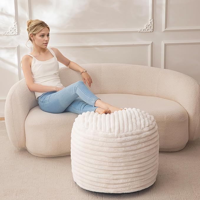 HIGOGOGO Round Stuffed Pouf Ottoman, Stripe Faux Fur Poufs with Foam Chunk Filling, Furry and Fluffy Pouf Foot Stool Storage Ottoman, 20 X 15 Floor Poufs Foot Rest for Living Room, Beige