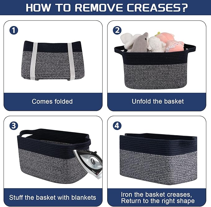 Storage Basket for Organizing, Woven Baskets for Storage, Rectangle Decorative Baskets for Shleves, Closet, Toys, Books, Nursery Organizer Bins - Pack of 3 (Blue & Black)