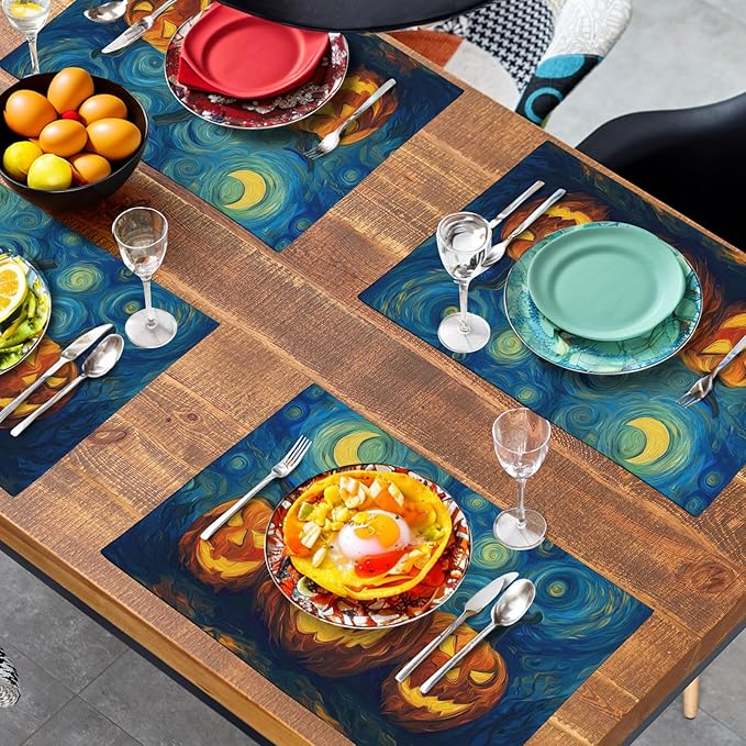 Halloween Placemats Set of 4 Pumpkin Vincent Van Gogh Starry Night Art Linen Table Mats 12x18 Inch Jack O Lantern Farmhouse Place Mats for Party Kitchen Dining Outdoor Indoor Decor