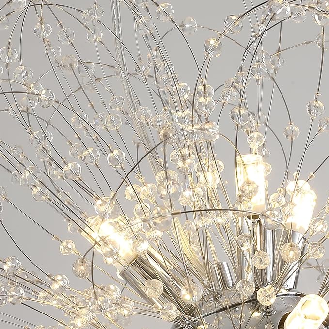Modern Farmhouse Chandelier, Sputnik Crystal Beaded Pendant Lamp, Round Sunflower Chrome Hanging Light Fixtures for Dining Room Foyer Bedroom Kitchen Island (Chrome 12Lights)