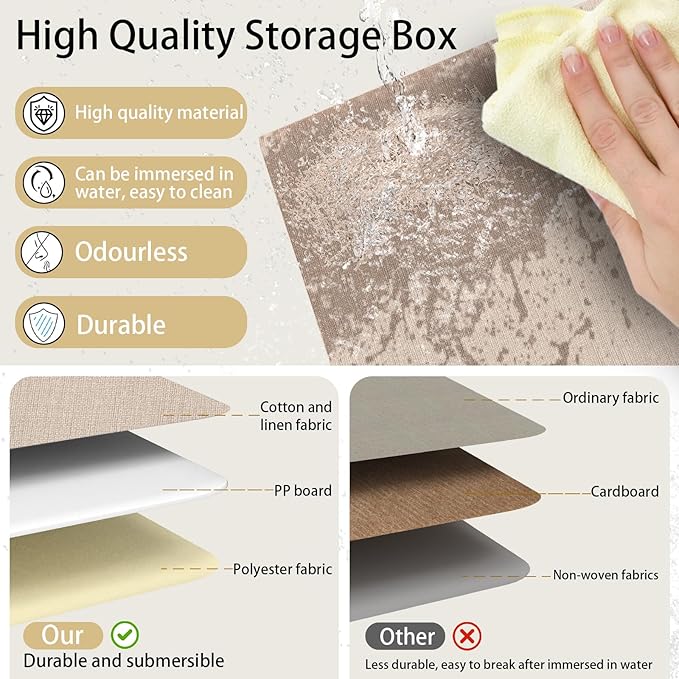 Yawinhe Fabric Storage Bins with Handles, Foldable Baskets for Shelves, Cubes with 3 Handles, Large Boxes for Clothes, Beige, 16.9''Lx11.8''Wx10.2''H, 6-Pack