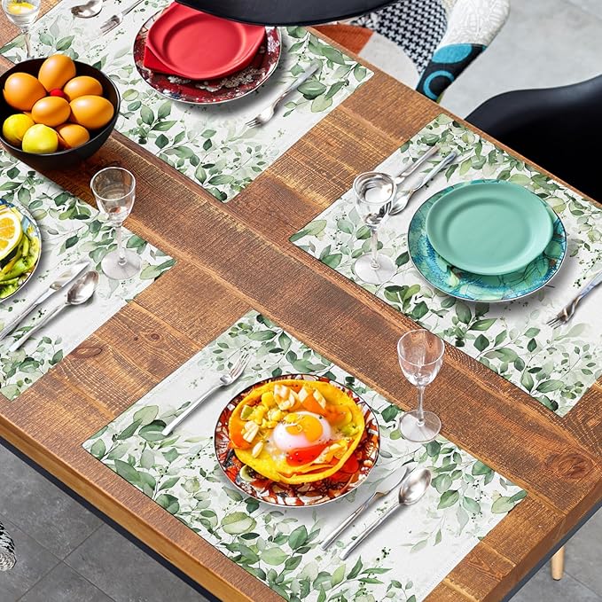 Sage Green Leaf Placemats Set of 4 Eucalyptus Leaves Place Mats 12×18 Inch Spring Summer Rustic Vintage Farmhouse Washable Linen Fabric Table Mats for Party Kitchen Dining Outdoor Indoor Decor