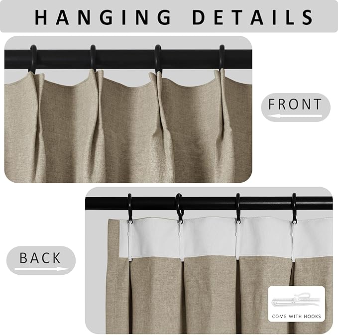 Macochico 100% Blackout Light Khaki Linen Curtains 84 Inches Long Pinch Pleated Burlap Curtains for Bedroom Living Room Farmhouse Nursery Thermal Window Panels with Tieback 72”Wx84”L 1 Panel