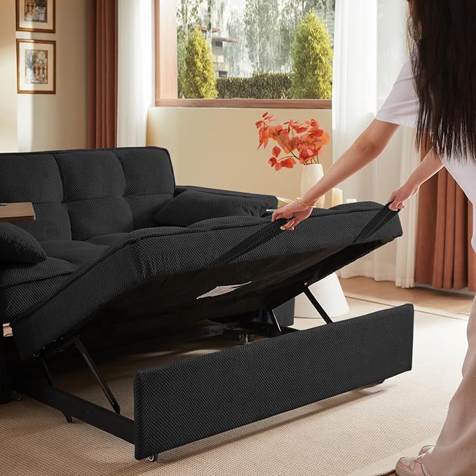 Large Size Convertible Sleeper Sofa Bed,Polka dot Velvet Pull Out Futon Couch with Storage handrails & Rotating Side Tables,Convertible Sofa Couch for Living Room,RV