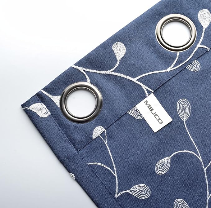MIUCO Floral Embroidered Semi-Sheer Curtains Faux Linen Grommet Window Panels for Doors 52 x 95 Inch 2 Panels, Navy Blue