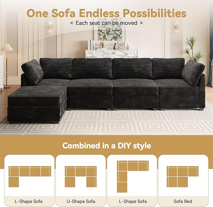 Modular Sectional Sofa with Chaise U Shaped Sectional Couch for Living Room, 7-Seater Comfy Cloud Couches with One Movable Ottoman, Plush Corduroy, Black