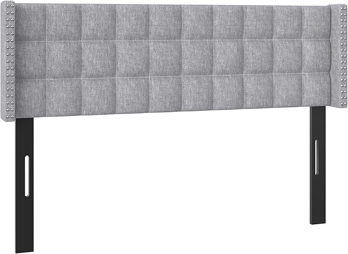 VECELO Headboard Queen Size, Linen Upholstered Headboards Only with Nailhead Trim Wingback, Square Stitched Design, Adjustable Height from 40" to 49.8", Light Grey