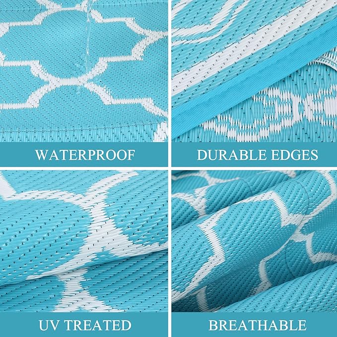 GAOMON Reversible Outdoor Rug 9'x18' Waterproof Plastic Straw Rug, Patio Rug, Large Modern Area Rug Carpet, Indoor Outdoor Rugs for Camping, Porch, Deck, Balcony, Backyard, Teal/White(Geometric)