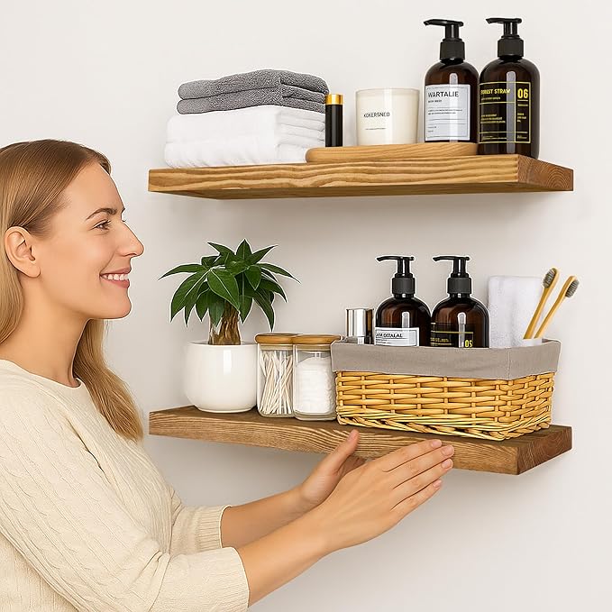 BGMG Wood Floating Shelves for Wall 30 inch Set of 2, Rustic Wooden Wall Mount Shelves for Living Room Bedroom Kitchen Farmhouse 2-30x6.7x1.25 inch- Gold Oak