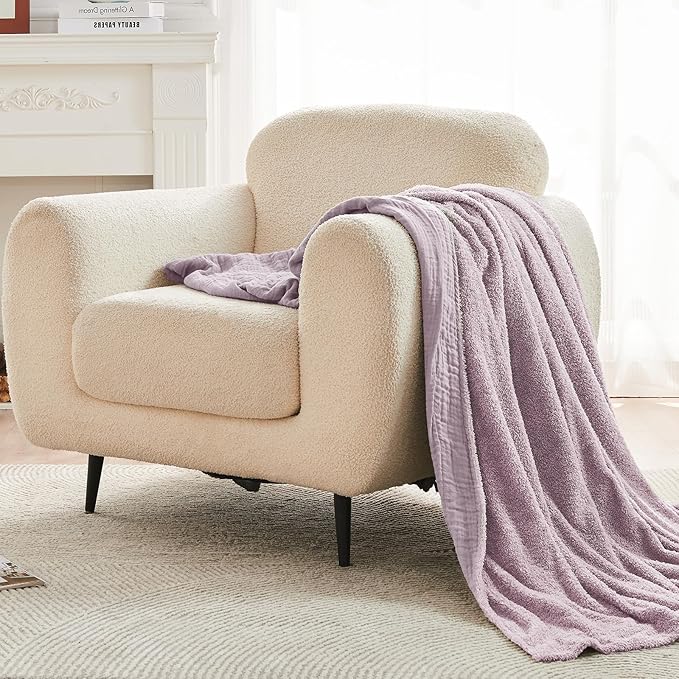 EMME Muslin and Fleece Throw Blanket Reversible - 50"*60" Lavender Soft Warm Throw Blankets for Couch Bed Picnic Travel Bed