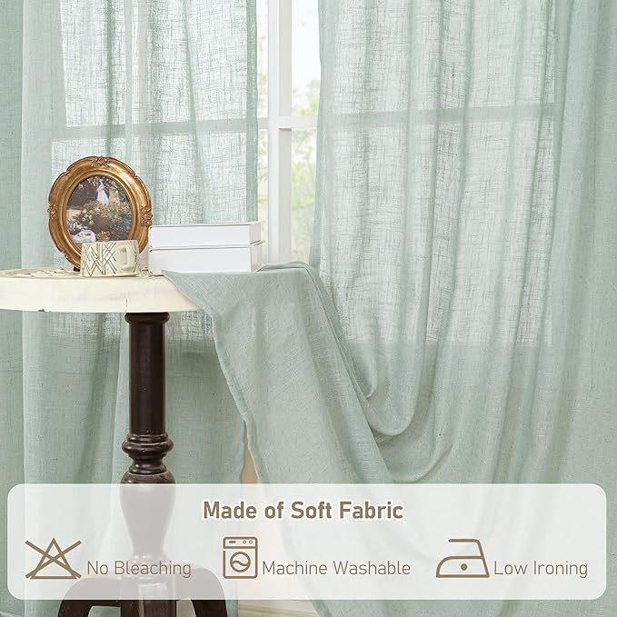 LAMIT Living Room Linen Curtains 95 Inch for Bedroom, Bronze Grommet Linen Textured Sheer Curtains Light Filtering Burlap Drapes for Farmhouse, 2 Panels, 52 x 95 Inch, Light Sage