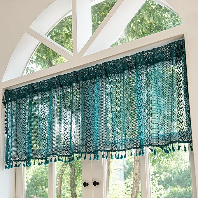 Sutuo Home Boho Valance Tier Curtains Crochet Lace Sheer Bohemian Hollow Knitted with Tassels, Privacy Vintage Rustic Farmhouse Drapes for Kitchen, Rod Pocket 1 Panel 59" W x 36" L, Turquoise
