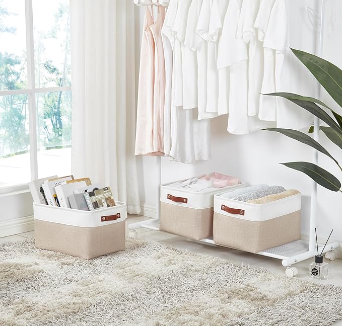 DECOMOMO Storage Bins Fabric Storage Baskets for Shelves, Linen Closet Organization Toys Nursery (Beige and White, Large - 1 Pack)
