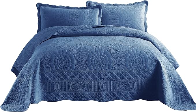 MarCielo 3-Piece 100% Cotton Oversized Bedspread Lightweight Quilt Coverlet Embroidery Farmhouse Bedding Set (Tf Midtone Blue, Oversized Queen (100"x106"))
