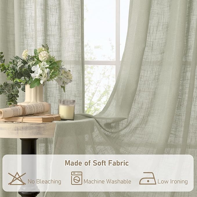 LAMIT Linen Curtains 63 inch Length 2 Panels for Living Room, Light Filtering Panels Bronze Grommet Neutral Textured Drapes for Bedroom/Office, Sage Grey, 34 x 63 Inch