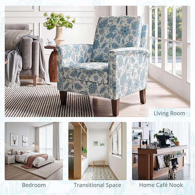 Floral Accent Chair Set of 2, High Back Upholstered Armchair with Solid Wooden Legs, Padded Armrest and Removable Comfortable Cushioned Seat Single Sofa for Living Room, Bedroom, Blue