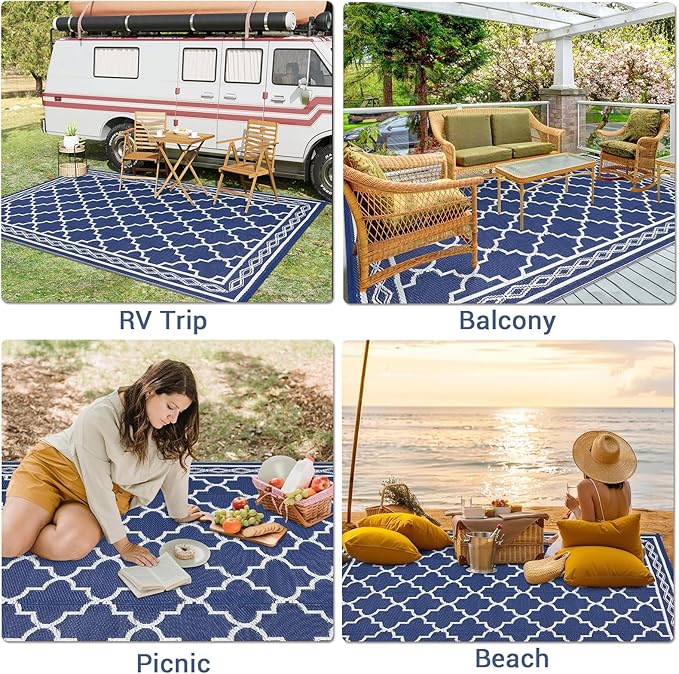GAOMON Outdoor Rugs Patio Camping Waterproof Rug 6'x9' Plastic Straw Patio Rug Portable for Campers, Outside RVs Mat for Patios Clearance, Backyard Porch, Balcony, Navy/White(Geometric)