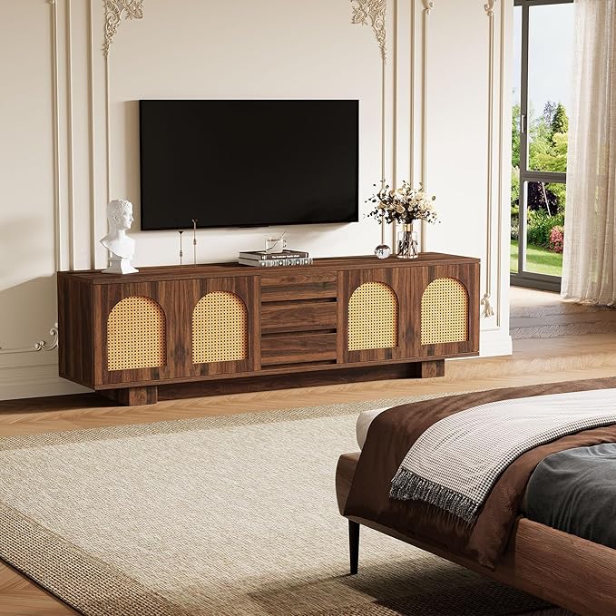 Tribesigns 70.9" TV Stand for TVs up to 80 Inches, Mid-Century Modern Entertainment Center with Storage and Drawers, Rattan Media Console TV Cabinet for Living Room, Bedroom, Walnut