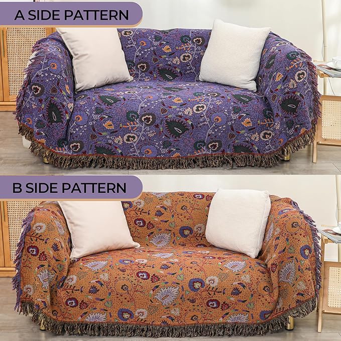 Boho Fall Throw Blanket for Bed Purple Flowers,100% Ultra Cotton Soft Breathable Bed Throw Floral Printed Farmhouse Decor Rustic Bed Throws for Couch Sofa Quilt 90" x 98"