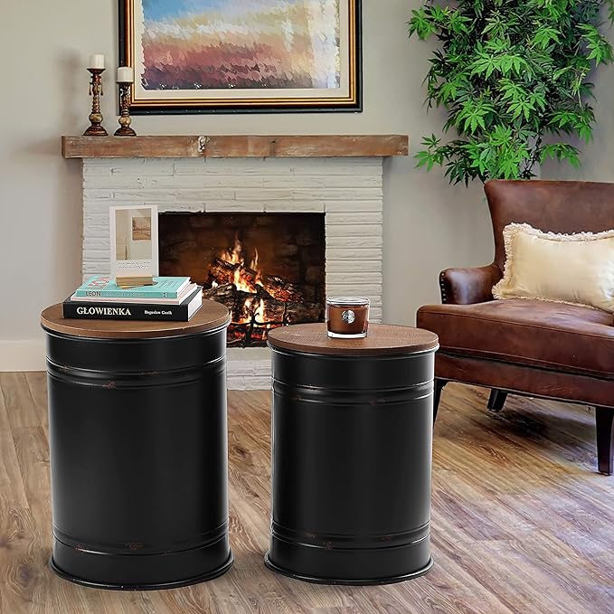 Rustic Storage Ottoman Seat Stool, Farmhouse Accent Side Table, Antique Galvanized Metal End Table Box Bin with Round Wooden Lid Set of 2 (Black)