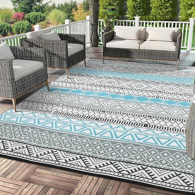 GAOMON Reversible Outdoor Rug 9'x18' Waterproof Plastic Straw Rug, Patio Rug, Large Modern Area Rug Carpet, Indoor Outdoor Rugs for Camping, Porch, Deck, Balcony, Backyard, Blue/Grey(Bohemia)