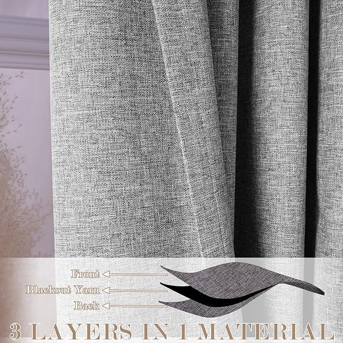 100" W x 84" L Faux Linen Room Divider Curtains, Full Blackout Pinch Pleated Drapes for Traverse Rod, Bedroom Divider Privacy Drapery with Hooks for Ceiling Track, 1 Panel, Light Grey