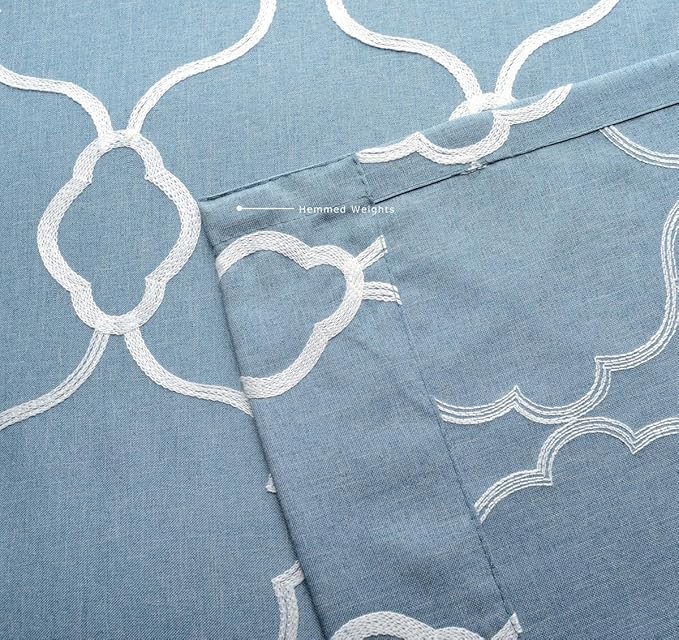 MIUCO Moroccan Embroidery Semi Sheer Curtains Faux Linen Grommet Curtains for Bedroom 52 x 63 Inch 2 Panels, Dusty Blue
