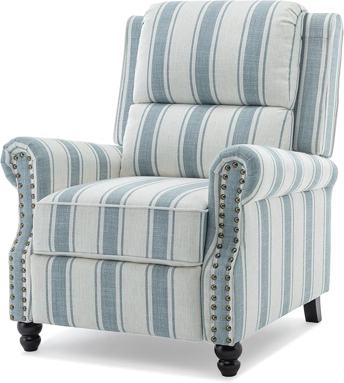 UIXE Pushback Recliner Chairs Set of 2, Fabric Armchair Push Back Accent Chair, Rivet Trim Club Chair Home Theater Overstuffed Single Sofa Reading Seat for Living Room, Stripe Blue