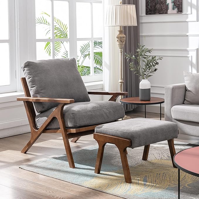 chairus 2 Sets Mid-Century Modern Accent Chairs with Ottoman, Linen Fabric Armchair with Wood Legs Comfy Upholstered Single Sofa Chair for Living Room/Bedroom/Lounge, Grey