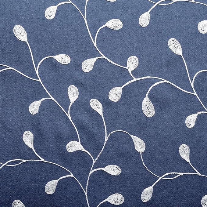 MIUCO Floral Embroidered Semi-Sheer Curtains Faux Linen Grommet Window Panels for Doors 52 x 95 Inch 2 Panels, Navy Blue