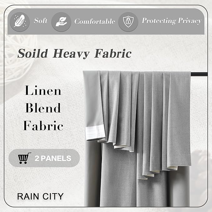 RAIN CITY Grey Linen Blackout Curtains 92 Inches Long,100% Light Blocking Textured Curtains for Bedroom Living Room Thermal Back Tab Rod Pocket Curtains 2 Panels with Hooks 50 x 92