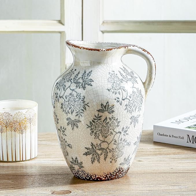 Enra Vintage vase with Handle,Blue and White Ceramic Decorative Flower vase, Chinoiserie Floral Vase,Large Rustic Vases for Home Decors, Living Room, Bookshelf, Office,9.7 inch