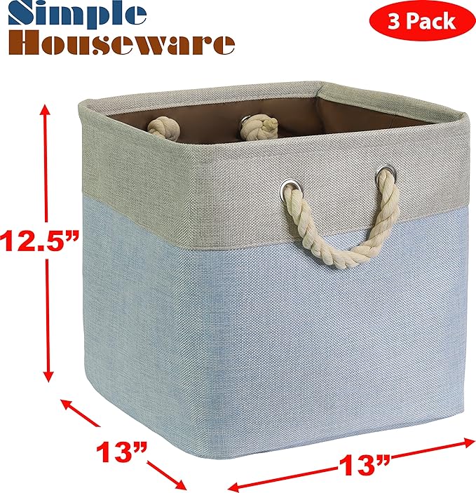 SIMPLE HOUSEWARE Fabric Storage Cubes, 13" x 13" Storage Bin, 3 Pack, Blue