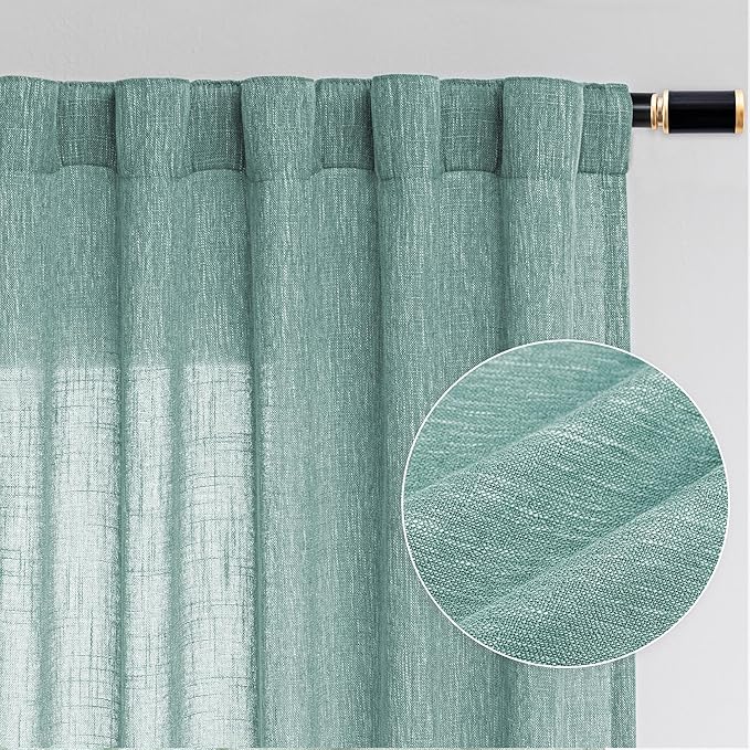 MYSKY HOME Sheer Curtains 63 Inch Length for Bedroom, Window Curtain Panels Light Filtering Privacy Protect Drapes Set, Boho Farmhouse Style Texture Soft Touch, 50" x 63", Turquoise, 2 Panels