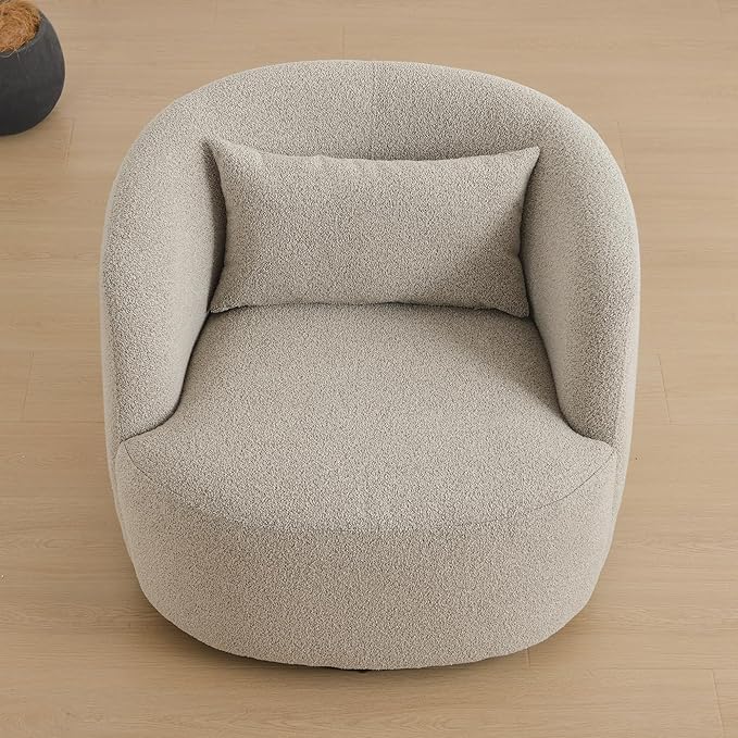 KINWELL 34" Wide Sherpa Swivel Barrel Chair, No Assembly Round Boucle Upholstered Accent Chair Armchair Single Sofa Chair with Toss Pillow for Living Room and Bedroom, Taupe